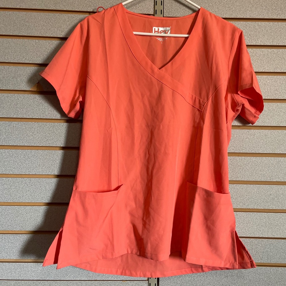 Hey+ Womens V-Neck Scrub Top Coral Orange Short Sleeve Medical Uniform Large